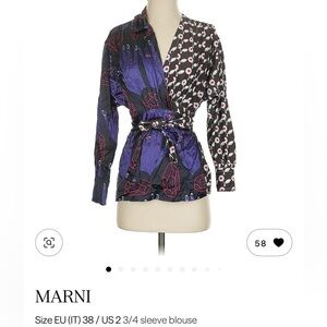Marni Black and Blue Muti Print Patterned Satin Wrap Blouse